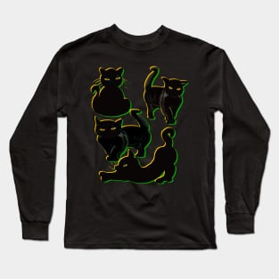 Cats silhouette with yellow and green outline Cat themed gifts for women and men Long Sleeve T-Shirt